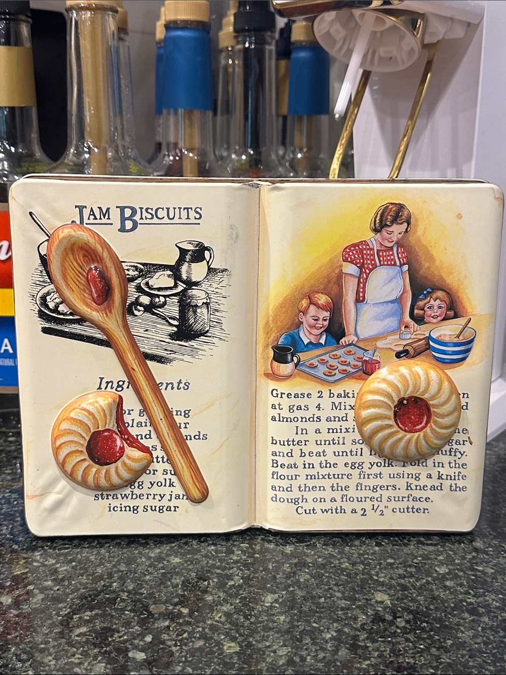 Vintage Cookbook metal Cookie Tin silver Crane company England Jam Biscuit gift